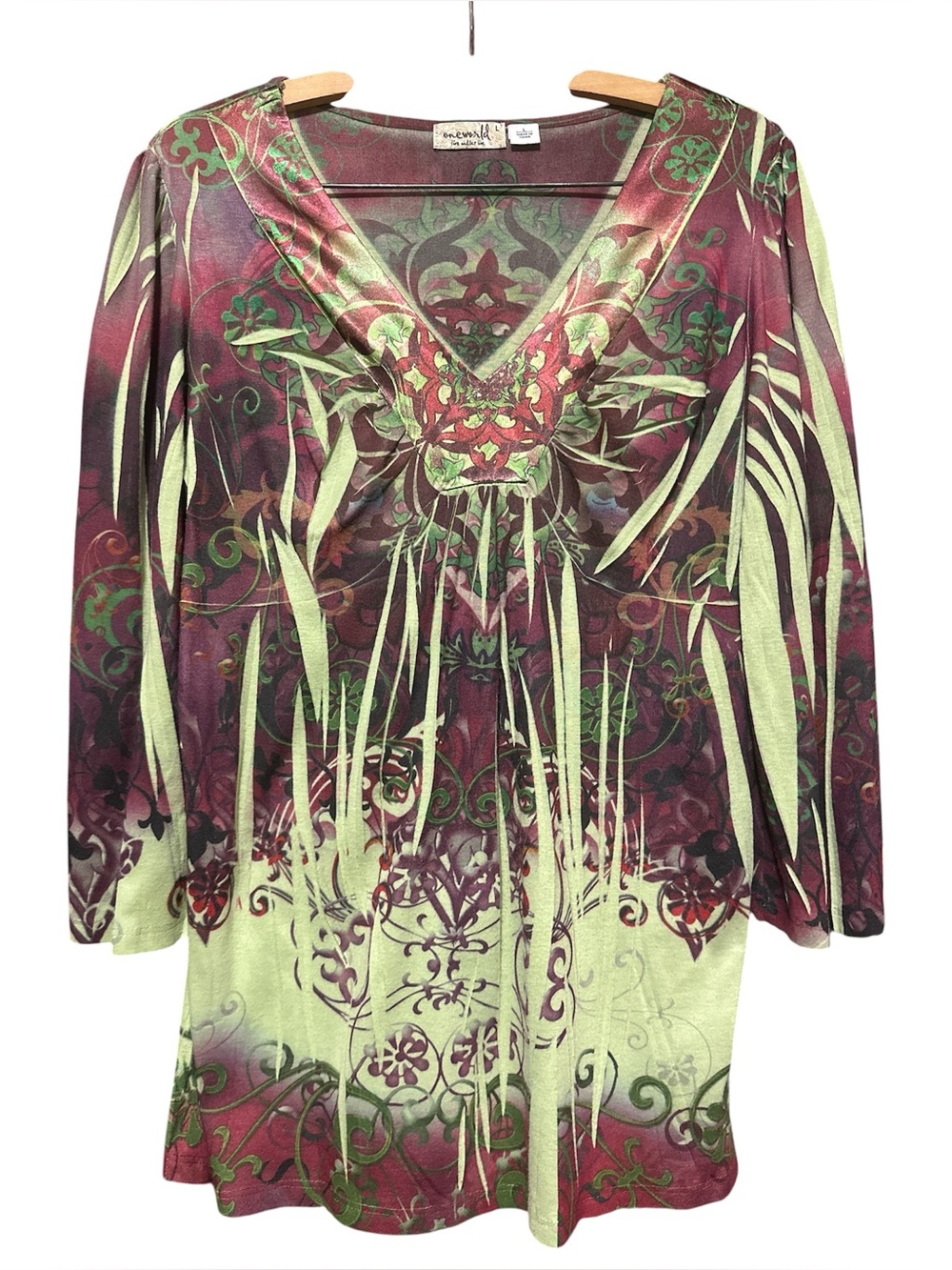 ONE WORLD Green and Burgundy V-Neck Floral Graphic Tunic SZ L